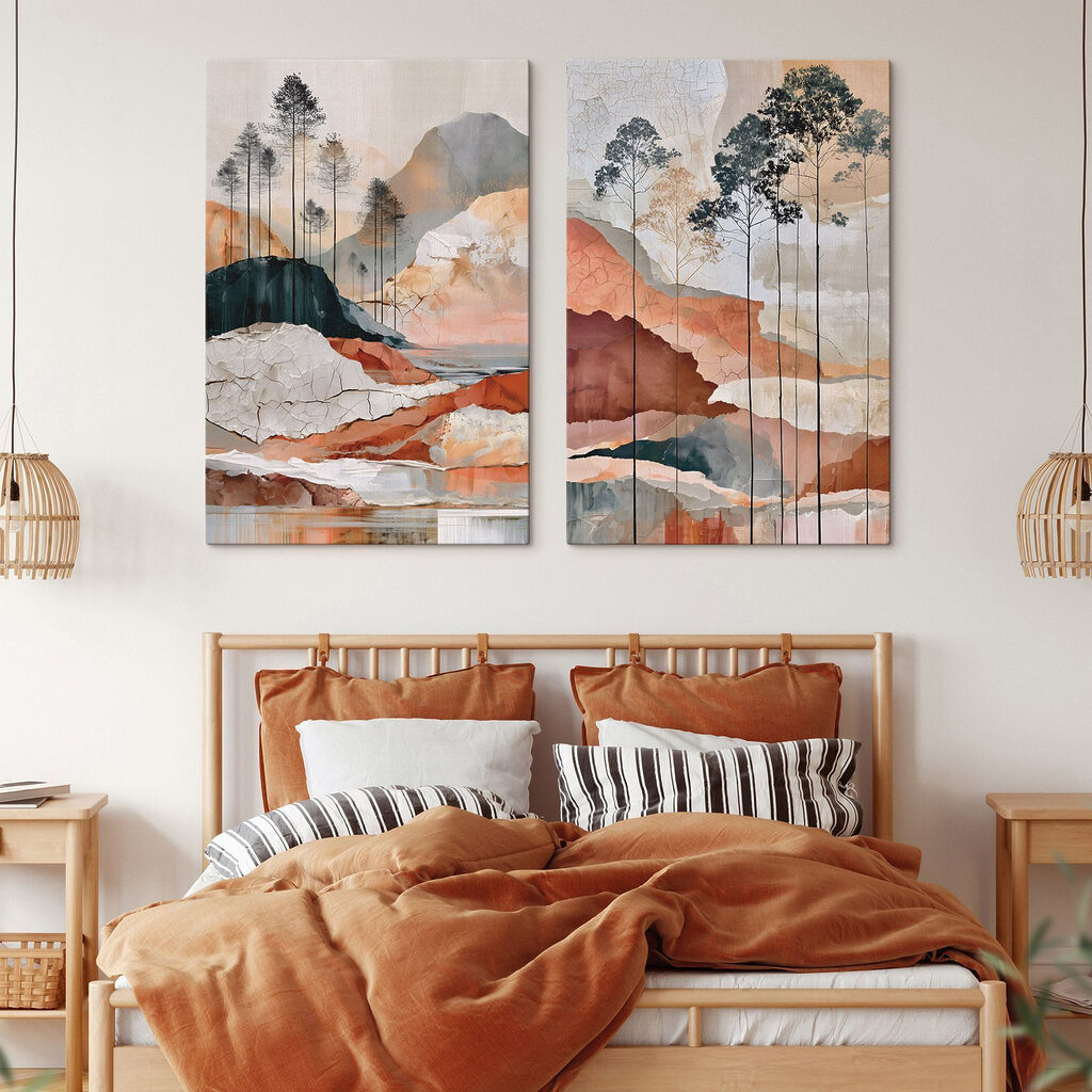 Painting of a landscape with trees and water