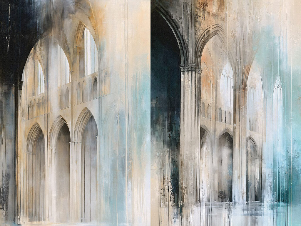 Painting of a building with arches