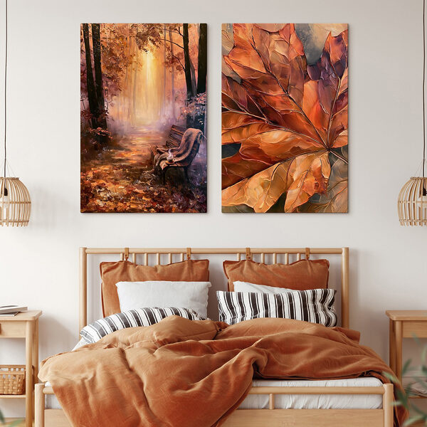 Painting of a bench and a leaf