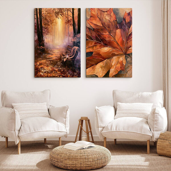 Painting of a bench and a leaf
