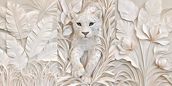 White tiger sculpture with leaves