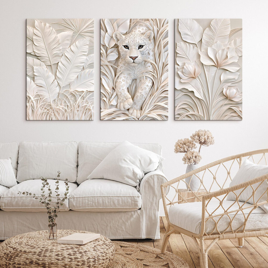 White tiger sculpture with leaves