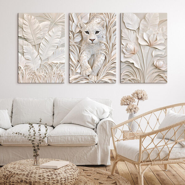 White tiger sculpture with leaves