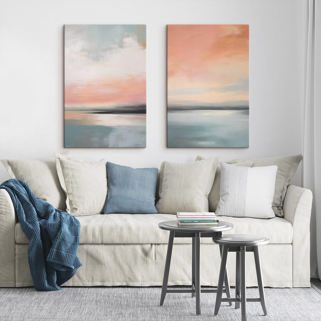 Painting of a sunset over a lake
