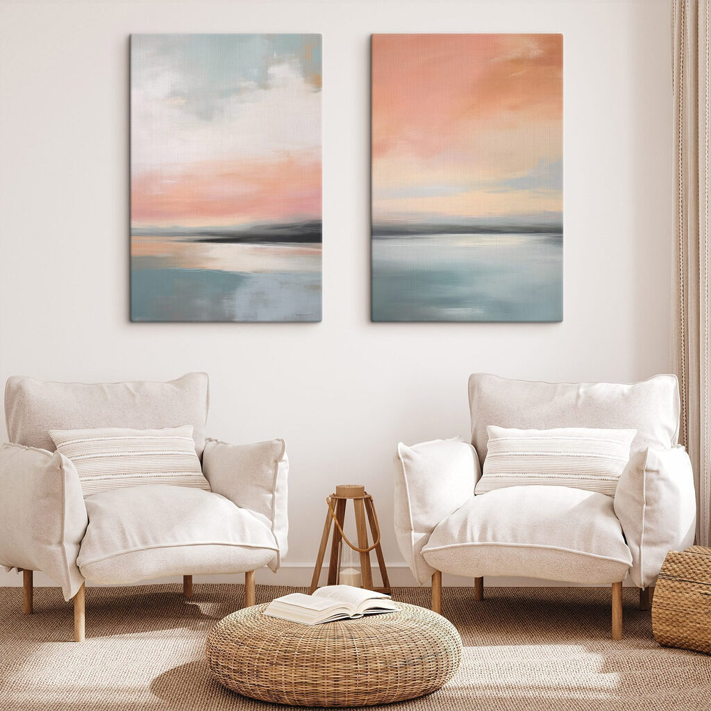Painting of a sunset over a lake
