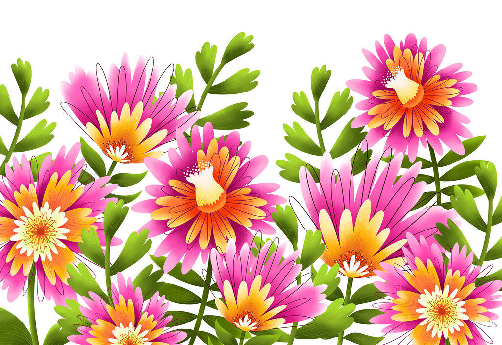 Group of flowers with green leaves Group of flowers with green leaves