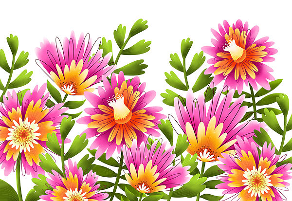 Group of flowers with green leaves Group of flowers with green leaves
