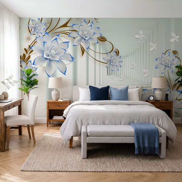 Weiße und blaue Blumen auf weißem Hintergrund