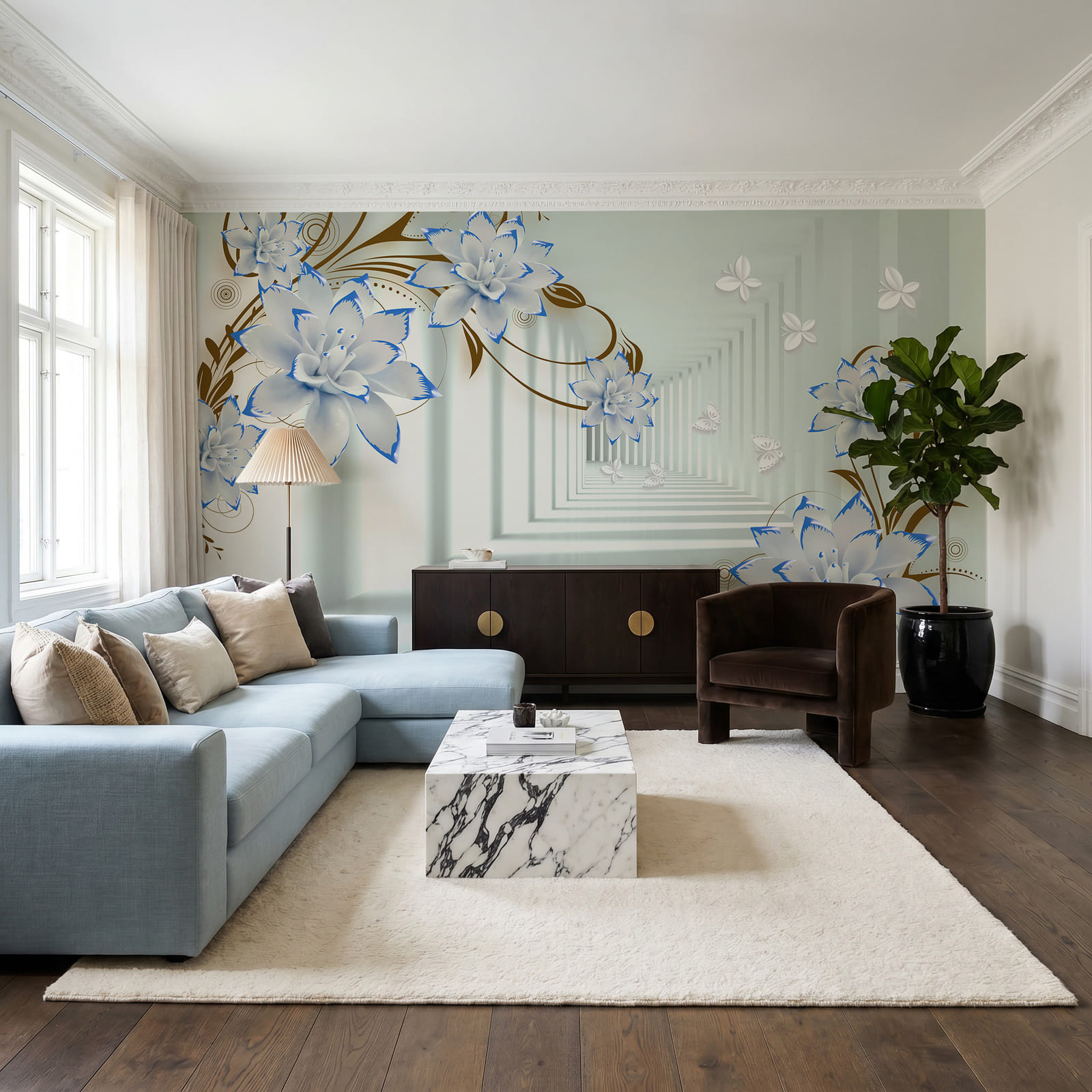 Weiße und blaue Blumen auf weißem Hintergrund