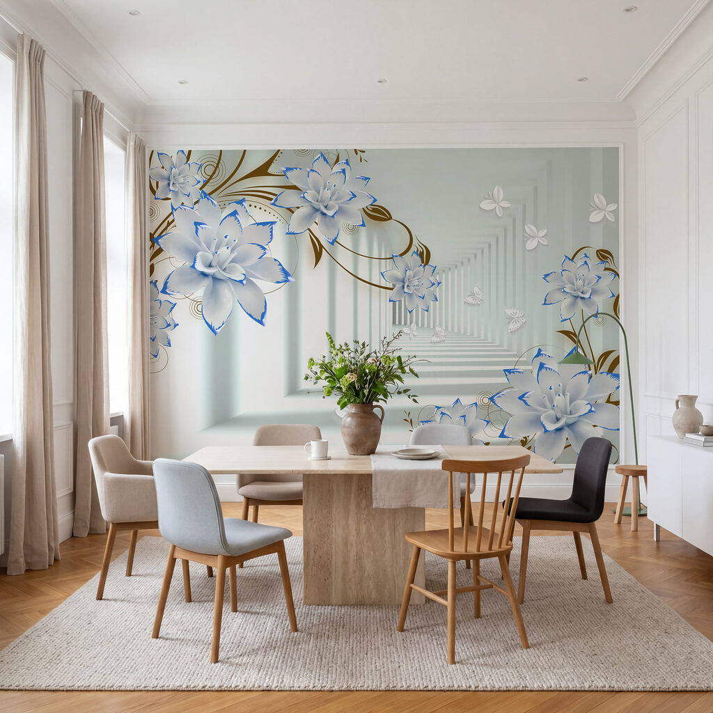Weiße und blaue Blumen auf weißem Hintergrund