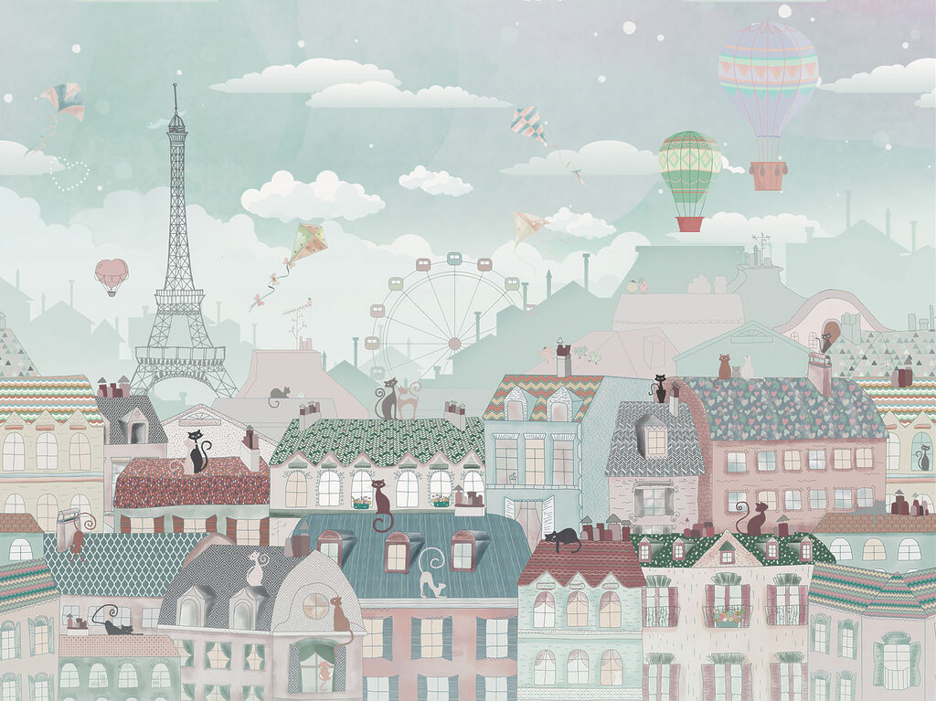 City with many buildings and hot air balloons City with many buildings and hot air balloons