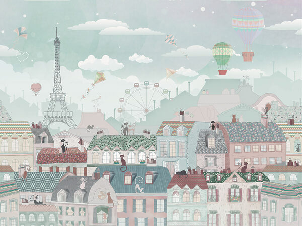 City with many buildings and hot air balloons City with many buildings and hot air balloons