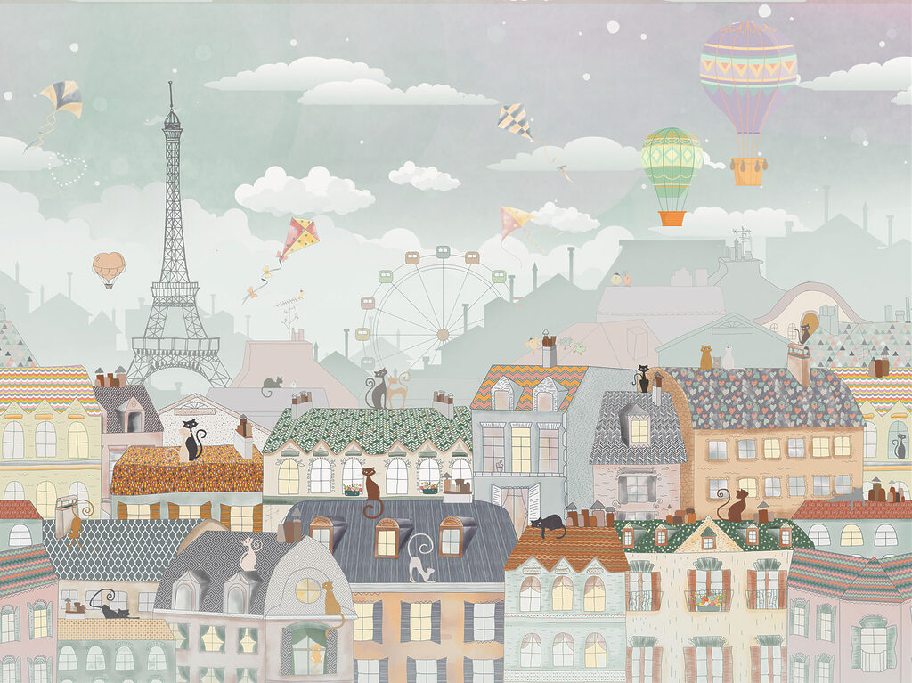 City with many buildings and hot air balloons City with many buildings and hot air balloons