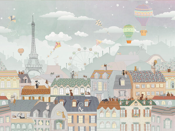 City with many buildings and hot air balloons City with many buildings and hot air balloons