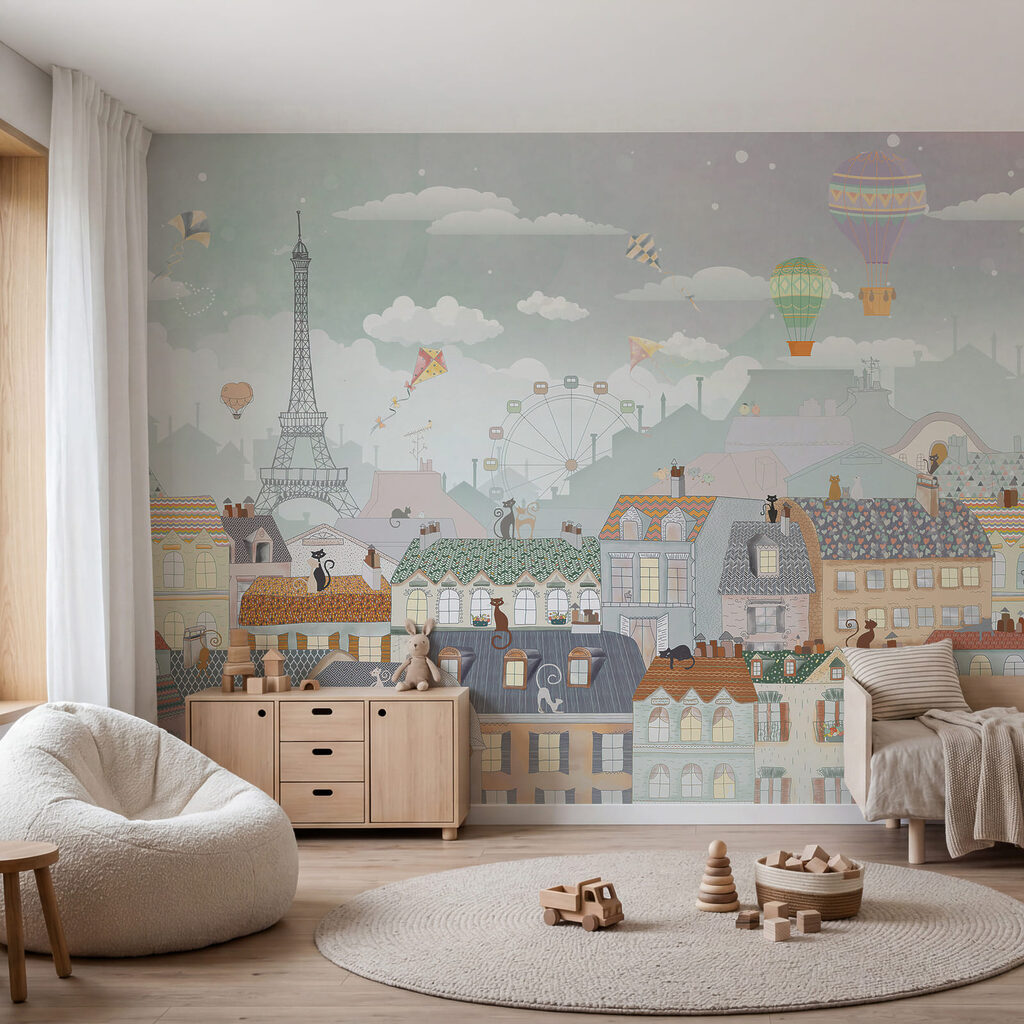 Stadt mit vielen Gebäuden und Heißluftballons Stadt mit vielen Gebäuden und Heißluftballons