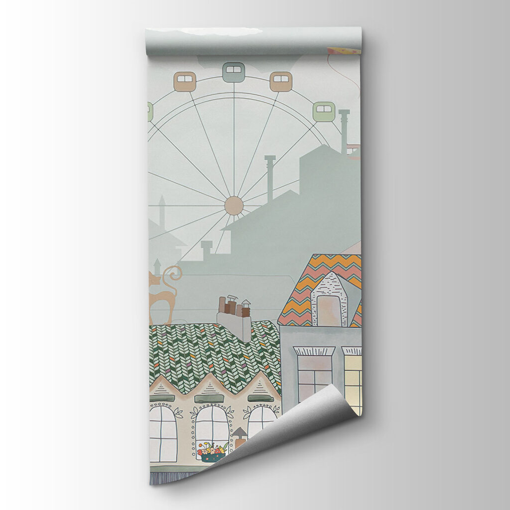 City with many buildings and hot air balloons City with many buildings and hot air balloons