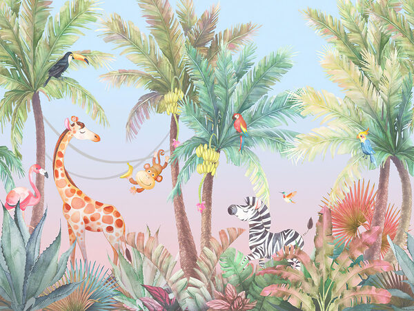 Giraffes and zebras in a jungle