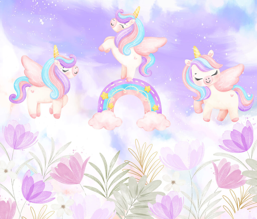 Group of unicorns standing on rainbows and flowers