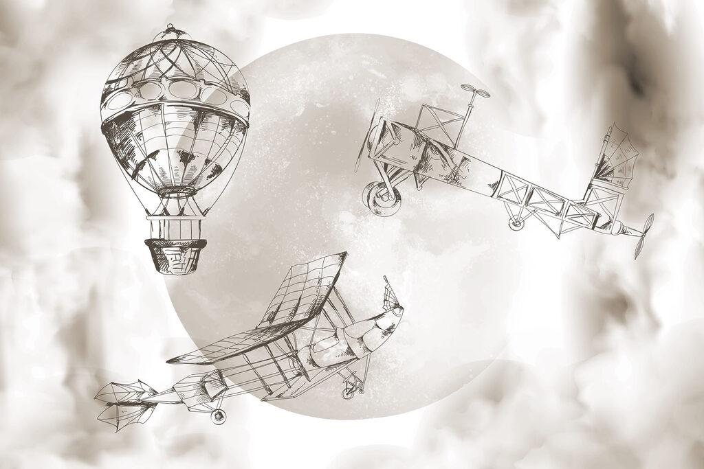 Drawing of airplanes and a balloon