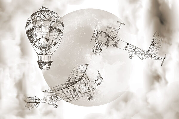 Drawing of airplanes and a balloon