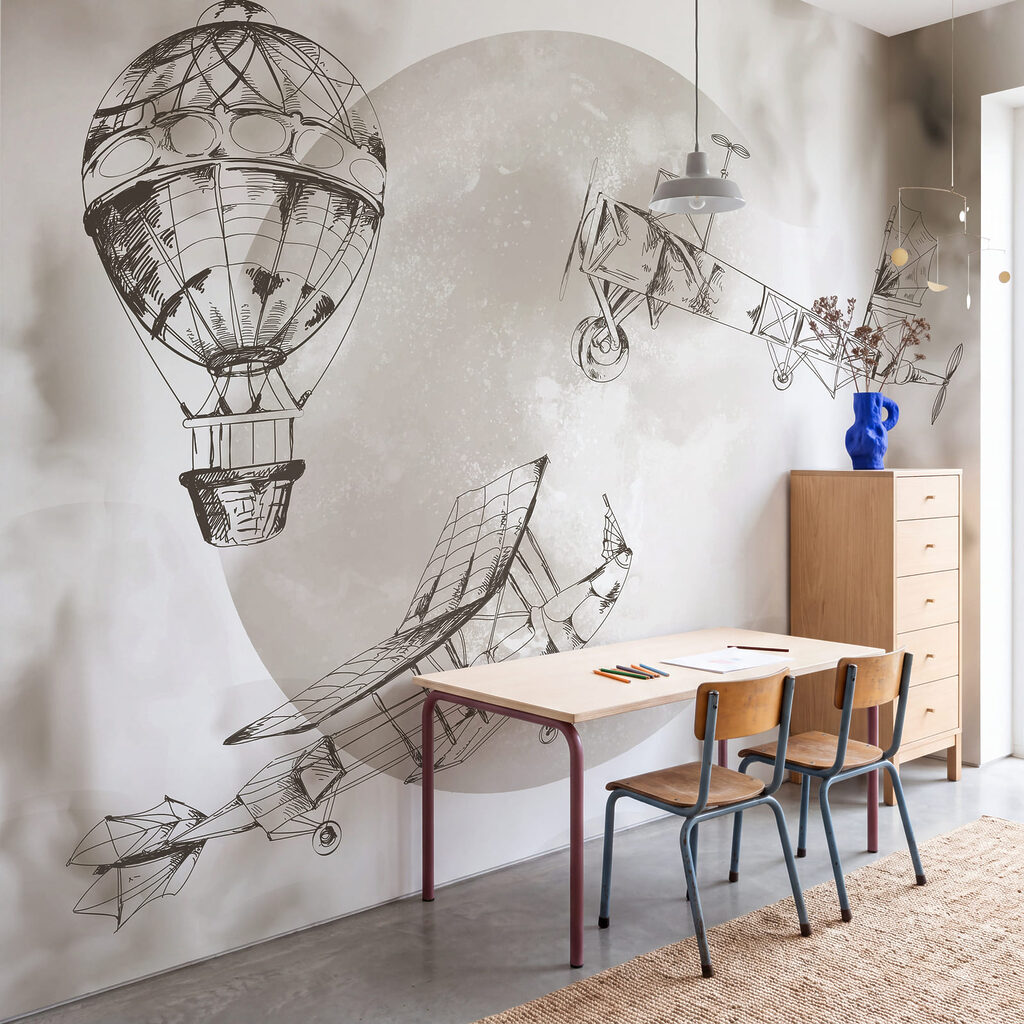 Zeichnung von Flugzeugen und einem Ballon