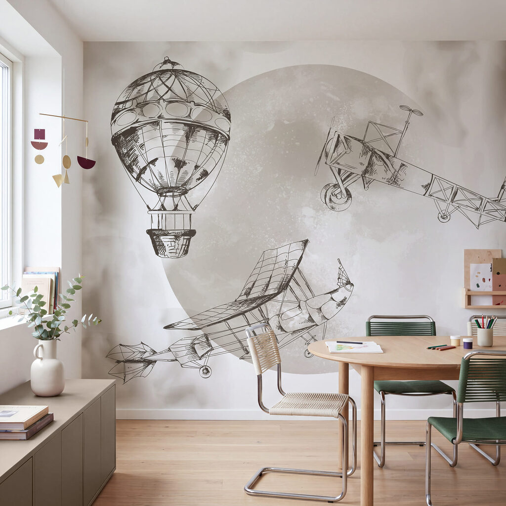 Zeichnung von Flugzeugen und einem Ballon