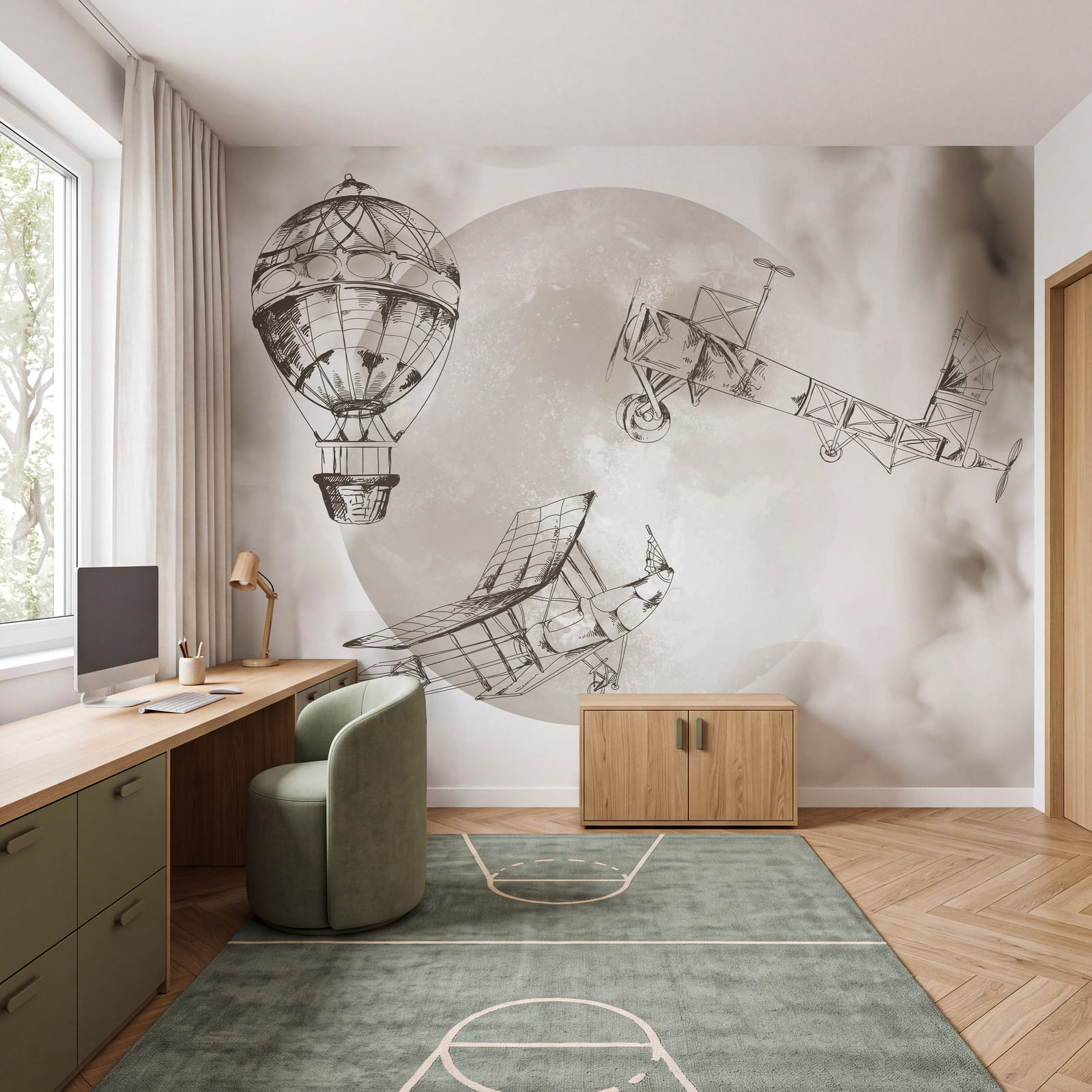 Zeichnung von Flugzeugen und einem Ballon