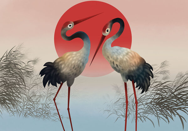 Two birds standing in front of a red sun Two birds standing in front of a red sun