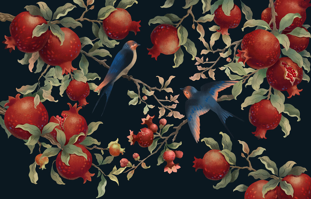 Painting of birds on a branch with fruits Painting of birds on a branch with fruits