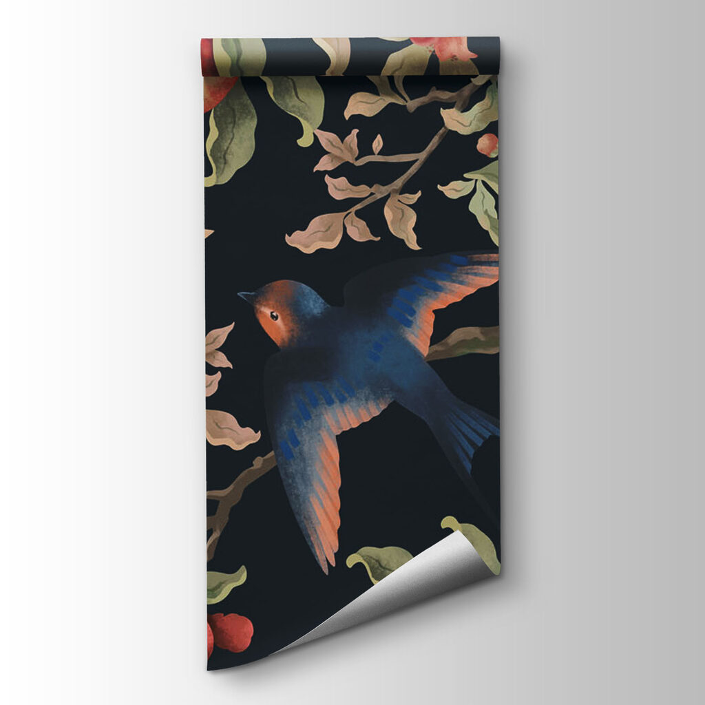 Painting of birds on a branch with fruits Painting of birds on a branch with fruits