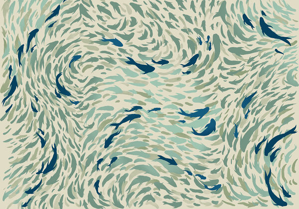 Fototapeten Eine Gruppe von Fischen, die in einer Welle schwimmt (Artikelnummer: t01093)