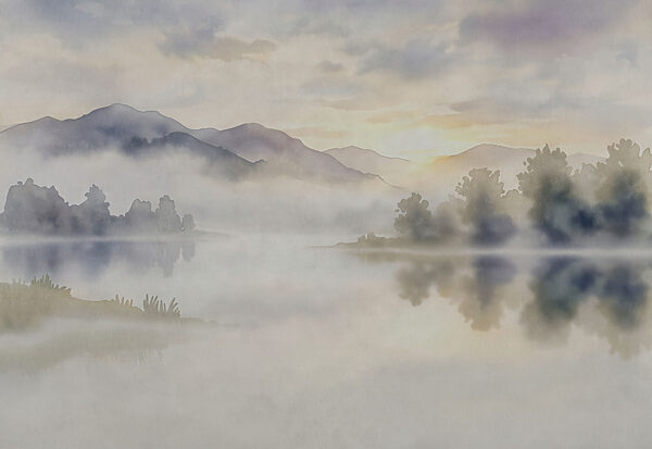 Fototapeten Aquarellbild eines Sees mit Bäumen und Bergen im Hintergrund (Artikelnummer: t01068)