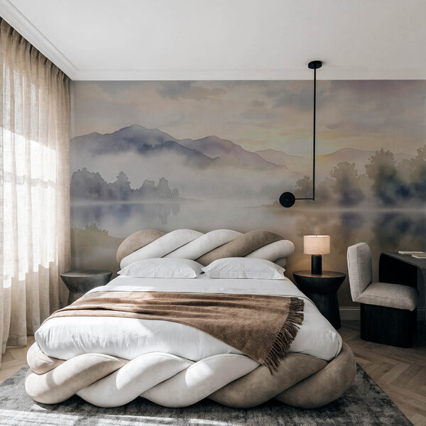 Fototapeten Aquarellbild eines Sees mit Bäumen und Bergen im Hintergrund (Artikelnummer: t01068)