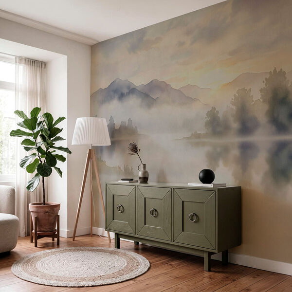 Fototapeten Aquarellbild eines Sees mit Bäumen und Bergen im Hintergrund (Artikelnummer: t01068)