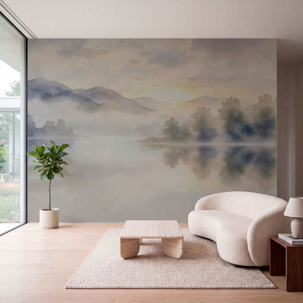 Fototapeten Aquarellbild eines Sees mit Bäumen und Bergen im Hintergrund (Artikelnummer: t01068)
