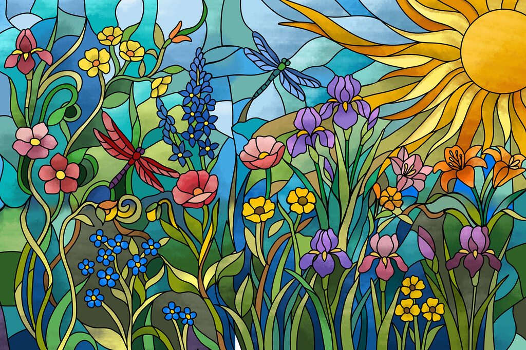 Fototapeten Buntglasfenster mit Blumen und Libellen (Artikelnummer: t01120) Fototapeten Buntglasfenster mit Blumen und Libellen (Artikelnummer: t01120)