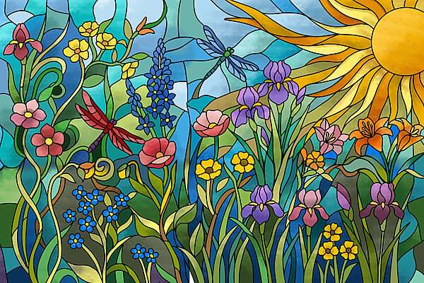 Fototapeten Buntglasfenster mit Blumen und Libellen (Artikelnummer: t01120) Fototapeten Buntglasfenster mit Blumen und Libellen (Artikelnummer: t01120)